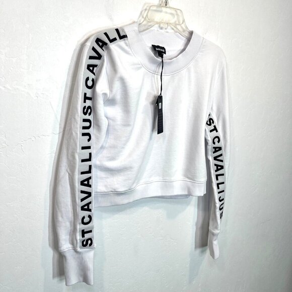 NWT Just Cavalli White cropped Crew-Neck sweatshirt Side Arm Logo Size M sweater - Picture 9 of 11